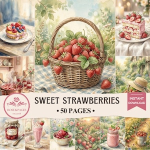 May include: Watercolor illustration featuring a basket overflowing with ripe strawberries. The image showcases various strawberry-themed scenes, including a tart, jam, and a milkshake. Text reads "Sweet Strawberries - 50 Pages - Instant Download."
