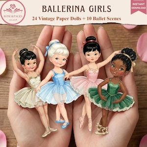 Può includere: Un set da scaricare digitalmente intitolato BALLERINA GIRLS contenente 24 bambole di carta vintage e 10 scene di balletto. L'immagine mostra quattro bambole di carta illustrate in abiti da danza, con tutù bianchi, blu, rosa e verdi con scarpette.
