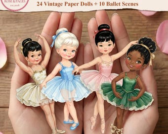 Ballerina Girls Paper Dolls | 24 Vintage Storybook Ballerina Characters and 10 Ballet Scenes | Printable Junk Journal Ephemera, PNG JPG