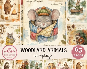 Páginas de diario de campamento con animales del bosque / Efímeros de glamping de bosque con acuarela vintage / Kit de álbum de recortes imprimible estilo cottagecore