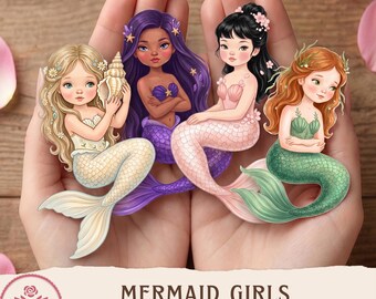 Mermaid Girls Printable Paper Dolls & Journal Scenes | Vintage Watercolour Fussy Cuts, Cottagecore Junk Journal | Storytelling