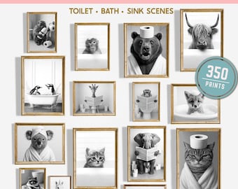 May include: Collection of framed black and white bathroom prints featuring animals in humorous scenes. The prints include a bear with a toilet paper hat, a giraffe reading on the toilet, and a cat with a towel and toilet paper. The text reads "350 Funny Bathroom Prints."