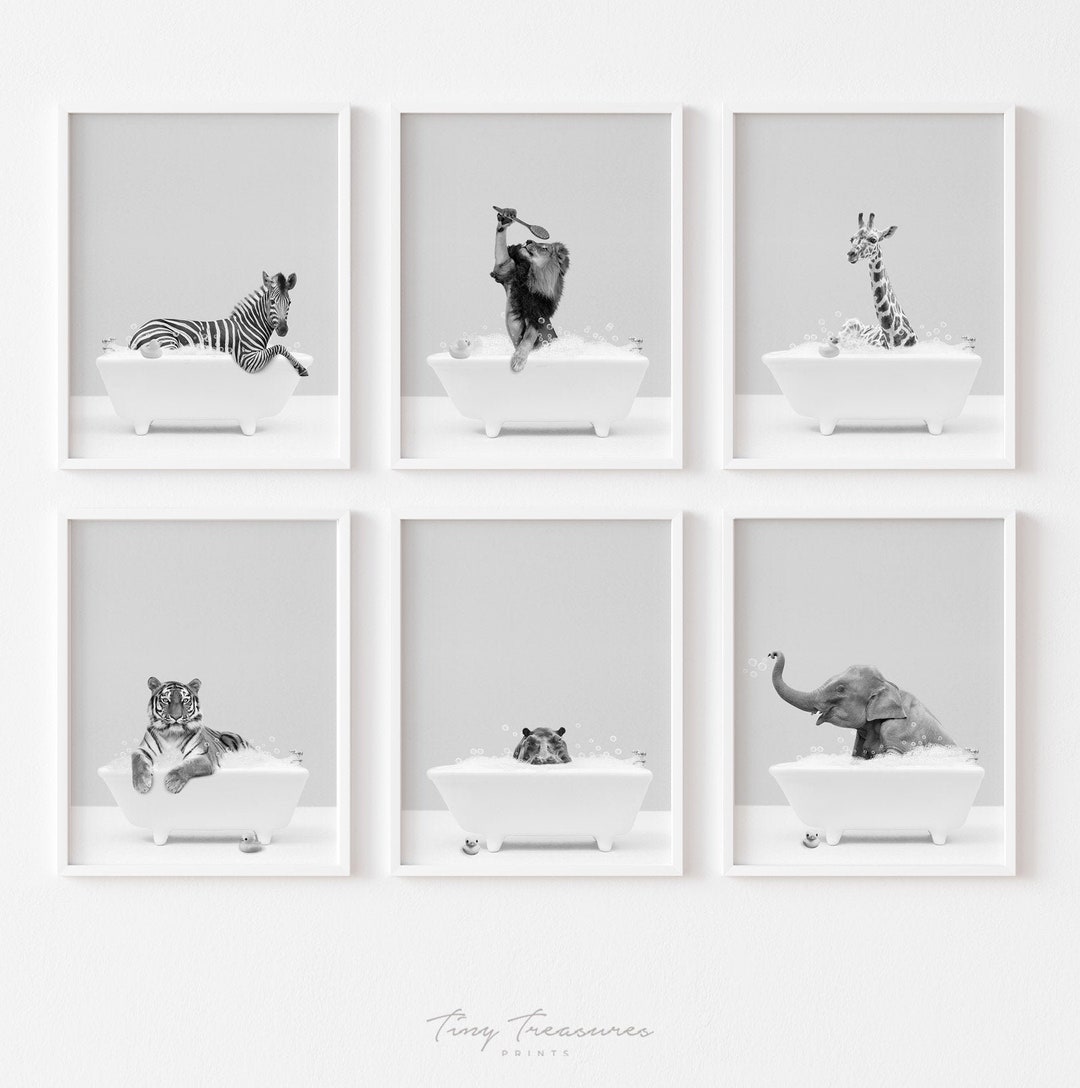 Safari Animals in Bathtub Set of 6 Prints, Whimsy Animal Art, Funny
