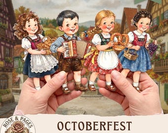 Muñecas de papel infantiles para festivales de la cosecha, imágenes prediseñadas para álbumes de recortes, efímeros para manualidades y scrapbooking, hoja de collage digital, muñecas recortables de otoño.