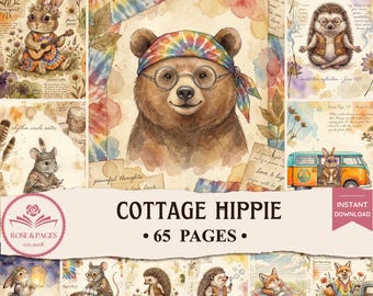 Páginas de diario estilo hippie campestre / Artículos efímeros vintage de acuarela estilo boho flower power / Kit de álbum de recortes imprimible estilo cottagecore — Rose & Pages