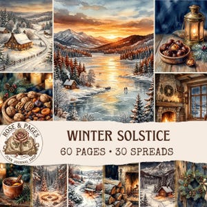 以下が含まれることがあります： 60ページ、30スプレッドのWinter Solsticeジャンクジャーナル。雪に覆われた山小屋、凍った湖、山々、栗の入ったランタン、暖炉、リースなど、水彩画風の冬の風景がコラージュされています。