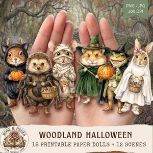 Pode incluir: Um conjunto de bonecas de papel digitais com cinco animais da floresta em trajes de Halloween: um esquilo de gato, um ouriço de aranha, um rato de múmia, um hamster de bruxa e um coelho de fantasma, com o texto Woodland Halloween.