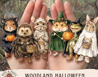 May include: A set of digital paper dolls featuring five woodland animals in Halloween costumes: a squirrel as a cat, a hedgehog as a spider, a mouse as a mummy, a hamster as a witch, and a rabbit as a ghost, with the text Woodland Halloween.