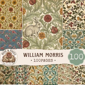 May include: A collection of 100 decorative paper pages featuring various William Morris inspired botanical and animal patterns, including rabbits, birds, sunflowers, pomegranates, and peacock feathers in muted earth tones and floral motifs.