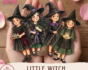 Cuaderno de recortes de la pequeña bruja, imprimible de muñeca de papel, efímeros de álbum de recortes de bruja campestre, insertos de diario de Halloween vintage