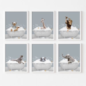 Safari Animals in Bathtub Set of 6 prints, Whimsy Animal Art, Funny Bathroom Wall Decor, Kids Bathroom, Funny Animals Set, Animals in Tub