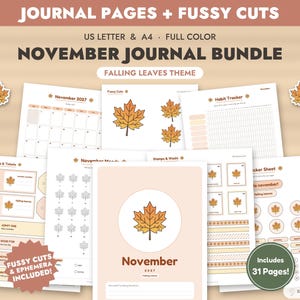 November Journal Bundle Printable, Falling Leaves Journal Pages + Fussy Cuts, Junk Journal Kit, Ephemera, Bullet Journal, Mood Tracker