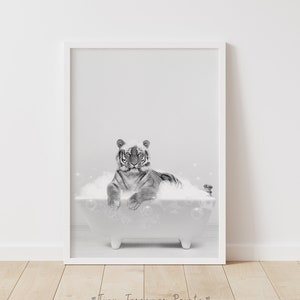 Tiger in a bathtub, Tiger Bathing, Black and White Bathroom Print, Safari Animal in bathtub, Tiger in Tub Print, Whimsy Animal Wall Art