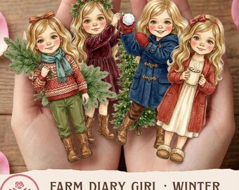 Farm Diary Girl Winter Paper Dolls | Vintage Storybook Characters | Printable Junk Journal Ephemera — Rose & Pages