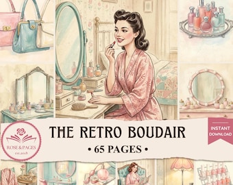 Páginas de diario de recortes con temática retro de tocador / Artículos efímeros de estilo boudoir en tonos pastel de los años 50 / Kit de álbum de recortes imprimible estilo cottagecore — Rose & Pages
