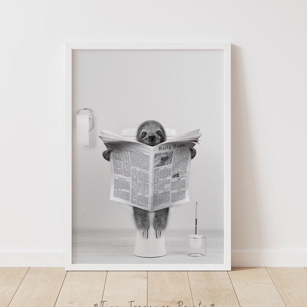 Sloth Wall Art, Funny Bathroom Print, Toilet Poster, Bathroom Art, Sloth Printable, Black And White Sloth, Whimsy Animal Art, Kids Bathroom