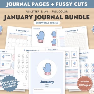 Paquete imprimible para diario de enero, páginas para diario de días de nieve + recortes precisos, kit para diario de recortes, efímeros, Bullet Journal, registro de estado de ánimo, tamaño carta A4