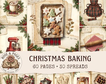 Páginas para diario de recetas navideñas, artículos vintage de repostería navideña, papel para álbum de recortes de galletas y pan de jengibre, kit de collage festivo para la cocina.
