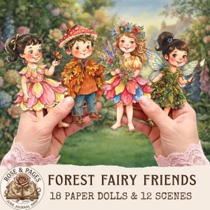 Könnte beinhalten: Vier illustrierte Papierpuppen mit naturinspirierten Outfits, darunter eine Figur mit Schmetterling, eine mit Pilzhut, eine mit Blumenkranz und eine mit Flügeln. Der Text lautet: ROSE & PAGES FOREST FAIRY FRIENDS 18 PAPER DOLLS & 12 SCENES.