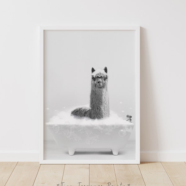 Llama in bathtub Printable, Llama Wall Decor, Llama Bathing, Funny Bathroom Print, Animal in bathtub, Kids Bathroom Art, Whimsy Animal Art