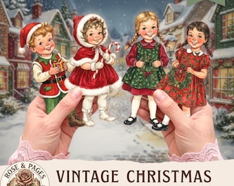 Muñecas de papel navideñas vintage para niños, imágenes prediseñadas para álbumes de recortes, efímeros para manualidades y scrapbooking, hoja de collage digital, muñecas navideñas, arte infantil.