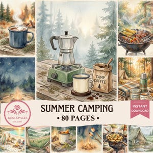 Puede incluir: Un collage digital de ilustraciones en acuarela que representan escenas de camping de verano, incluyendo una cafetera italiana en un hornillo, una bolsa con la etiqueta CAMP COFFEE, una fogata, una parrilla, tiendas y paisajes. El texto dice SUMMER CAMPING 80 PAGES.