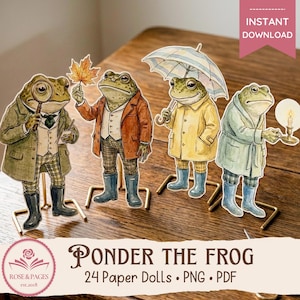Ponder the Frog Paper Dolls | 24 Frog Characters PNG | Cottagecore Animal Paper Dolls | Printable Junk Journal Ephemera | Digital Download