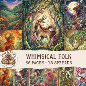 Puede incluir: Una colección de páginas ilustradas titulada Whimsical Folk, 36 páginas, 18 pliegos. Las imágenes muestran un unicornio en un bosque, una persona con cabello floral, una persona con vestimenta tradicional bajo la luna y paisajes con amapolas.