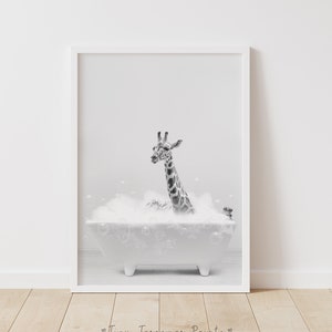 Giraffe in a bathtub, Funny Bathroom Print, Safari Bathroom Art, Black and White Bathroom Poster, Animal in bathtub, Giraffe in Tub Print