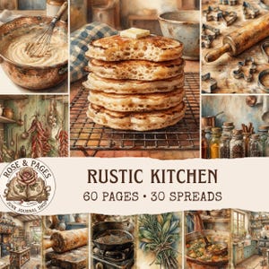 Könnte beinhalten: Eine Collage von Küchenmotiven mit einem Stapel Pfannkuchen mit Butter, einer Kupferschüssel mit Schneebesen, Ausstechformen, einem Nudelholz, Gewürzgläsern, Kräutern und einer gusseisernen Pfanne. Text: ROSE & PAGES RUSTIC KITCHEN 60 PAGES 30 SPREADS.