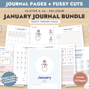 Paquete de imprimibles para diario de enero, páginas de diario de Frosty Friends + recortes precisos, kit de diario de recortes, efímeros, Bullet Journal, registro de estado de ánimo
