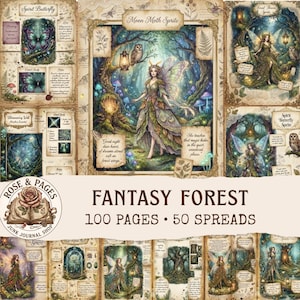May include: A collection of fantasy-themed journal pages featuring illustrations of sprites, butterflies, and forest scenes. The pages include text, botanical sketches, and decorative borders in a vintage, parchment-style aesthetic with earthy tones.