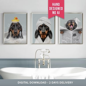 Retrato personalizado do seu pet, arte divertida para banheiro com cachorro, cachorro lendo jornal no vaso sanitário, arte de parede personalizada para animais de estimação, presente para amantes de cães, cachorro na banheira