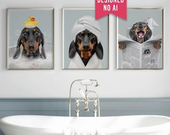 Custom Pet Portrait, Funny Dog Bathroom Art, Dog Reading Newspaper on Toilet, Personalized Pet Wall Art, Gift for Dog Lovers, Dog in Bathtub