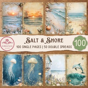 Strandthema-pagina's voor je journal, kustthema-scrapbook, vintage oceaanprint, shabby chic digitaal papier, 100 A4-pagina's voor je journal, 50 spreads