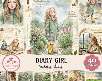 Chica de la granja · Páginas de diario de otoño con temática de días lluviosos / Elementos decorativos vintage estilo cottagecore en acuarela / Kit de álbum de recortes imprimible — Rose & Pages