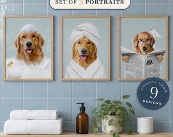 May include: A set of three framed portraits featuring golden retriever dogs. One dog is in a bubble bath with a rubber duck, one wears a white towel wrap and robe, and one wears glasses while reading a newspaper titled Daily Dog. The text reads SET OF 3 PORTRAITS and CHOOSE FROM 9 DESIGNS.