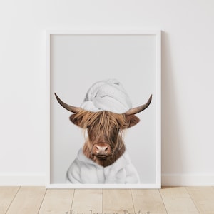 Scottish Highland Cow Printable, Funny Bathroom Art, Black And White Cattle, Toilet Humor, Kids Bathroom, Whimsy Animal Art, Spa Printable