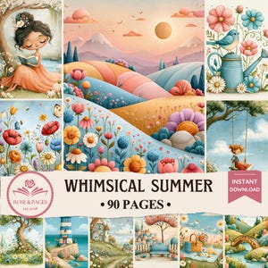May include: A digital collection titled Whimsical Summer containing 90 pages of illustrations featuring a girl reading, rolling hills, a blue bird on a watering can, a child on a swing, a lighthouse, a house, and a picnic scene in pastel colors.