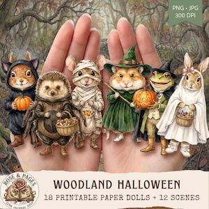 May include: A digital collection of Woodland Halloween printable paper dolls featuring a squirrel in a cat costume, a hedgehog spider, a mummy mouse, a witch hamster, a frog in a cape, and a ghost rabbit, with text reading Woodland Halloween.