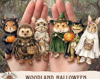 Muñecos de papel de animales del bosque para Halloween, kit de teatro de marionetas con escenas, muñecos de papel estilo cottagecore, 24 muñecos + 12 escenas, efímeros para manualidades infantiles