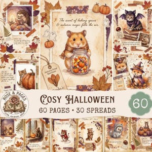 以下が含まれることがあります： 「Cosy Halloween」と題された60ページ、30スプレッドのコレクション。キャンディの瓶を持つハムスター、仮装した猫、キツネ、クマのイラストが描かれています。各ページには秋の葉、カボチャ、お化け、秋の魔法に関するテキストが含まれています。