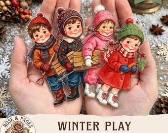 Muñecas de papel para niños en un día de nieve, imágenes prediseñadas para álbumes de recortes, efímeros para manualidades y scrapbooking, hoja de collage digital, muñecas para jugar en invierno, actividades para niños