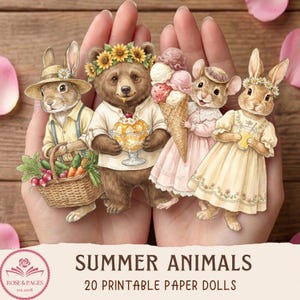 May include: A set of printable paper dolls featuring four anthropomorphic animals: a rabbit with a vegetable basket, a bear wearing a sunflower crown and holding a sundae, a mouse with an ice cream cone, and a rabbit in a dress holding a drink.