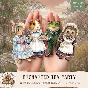 Peut inclure: Quatre poupées en papier illustrées représentant un lapin en robe bleue, un cochon d'Inde en tablier blanc, une grenouille en costume vert et un hérisson en robe fleurie. Les personnages tiennent des accessoires de thé comme des plateaux.