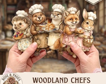 Kit de imágenes prediseñadas de muñecos de papel de chefs del bosque, kit de teatro de marionetas, muñecos recortables de panadería vintage, 28 muñecos, kit de manualidades para niños, efímeros para álbumes de recortes