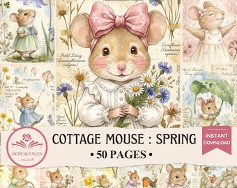 Páginas de diario de primavera con temática de ratones estilo cottagecore, papel efímero imprimible de acuarela vintage, kit de álbum de recortes digital, rosas y páginas.