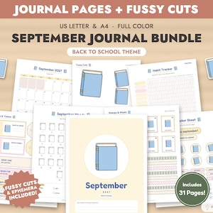 September Journal Bundle Printable, Back to School Journal Pages + Fussy Cuts, Junk Journal Kit, Ephemera, Bullet Journal, Mood Tracker