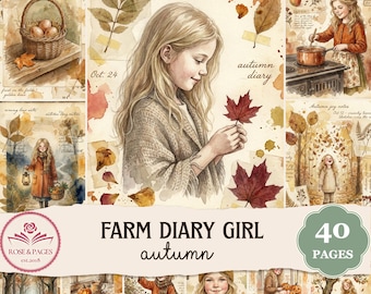 Páginas de diario de otoño de Farm Diary Girl / Ephemera Cottagecore de acuarela vintage / Kit de álbum de recortes imprimible de Halloween — Rose & Pages