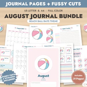 Puede incluir: Un paquete de diario digital con temática de pelotas de playa, que incluye un calendario, un rastreador de hábitos y pegatinas. El texto dice JOURNAL PAGES + FUSSY CUTS, AUGUST JOURNAL BUNDLE, BEACH BALL DAYS THEME, August 2027 e Includes 31 Pages.